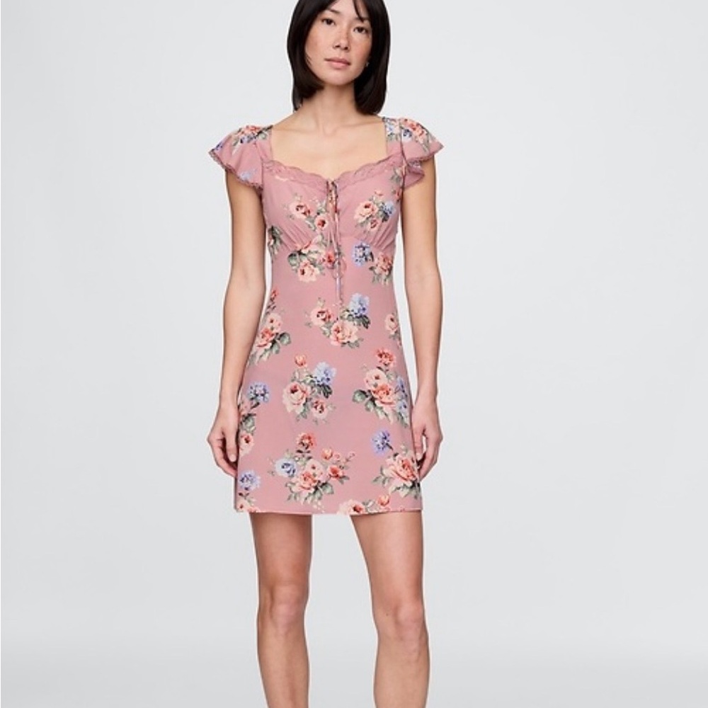 GAP Pink Floral Crepe Flutter-Sleeve Mini Dress